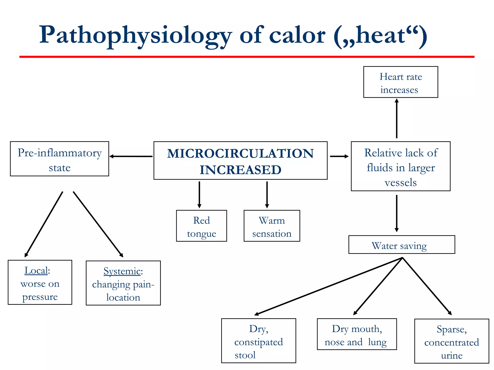 Local :  worse on pressure Pathophysiology of calor („heat“) Copyright Dr. Johannes Greten 2003 HSCM, *49-6221-374546, fax 302035 MICROCIRCULATION INCREASED Red tongue Warm sensation Pre-inflammatory state Relative lack of fluids in larger vessels Systemic : changing pain-location Heart rate increases  Dry mouth, nose and  lung  Sparse, concentrated urine Water saving  Dry, constipated stool  