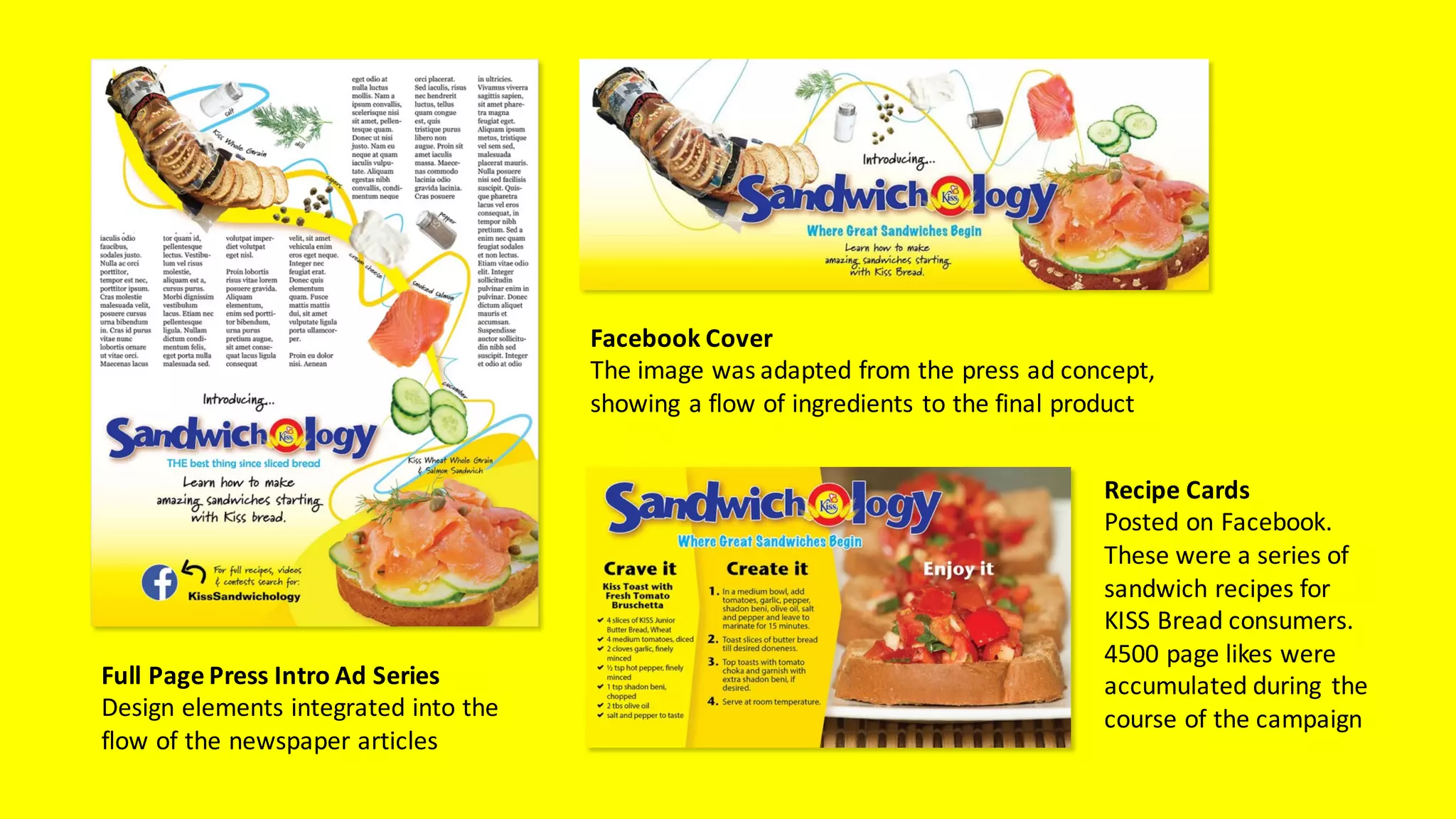 Full	Page	Press	Intro	Ad	Series
Design	elements	integrated	into	the	
flow	of	the	newspaper	articles	
Facebook	Cover
The	image	was	adapted	from	the	press	ad	concept,	
showing	a	flow	of	ingredients	to	the	final	product
Recipe	Cards
Posted	on	Facebook.	
These	were	a	series	of	
sandwich	recipes	for	
KISS	Bread	consumers.
4500	page	likes	were	
accumulated	during	 the	
course	of	the	campaign
 