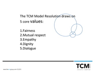 www.thetcmgroup.com © 2015
The TCM Model Resolution draws on
5 core values:
1.Fairness
2.Mutual respect
3.Empathy
4.Dignity
5.Dialogue
 