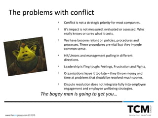 www.thetcmgroup.com © 2015
• Conflict is not a strategic priority for most companies.
• It’s impact is not measured, evaluated or assessed. Who
really knows or cares what it costs.
• We have become reliant on policies, procedures and
processes. These procedures are vital but they impede
common sense.
• HR/Unions and management pulling in different
directions.
• Leadership is f’ing tough: Feelings, Frustration and Fights.
• Organisations leave it too late – they throw money and
time at problems that should be resolved much sooner.
• Dispute resolution does not integrate fully into employee
engagement and employee wellbeing strategies.
The problems with conflict
The bogey man is going to get you…
 