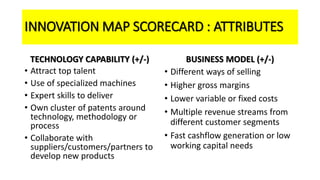 INNOVATION MAP SCORECARD : ATTRIBUTES
TECHNOLOGY CAPABILITY (+/-)
• Attract top talent
• Use of specialized machines
• Expert skills to deliver
• Own cluster of patents around
technology, methodology or
process
• Collaborate with
suppliers/customers/partners to
develop new products
BUSINESS MODEL (+/-)
• Different ways of selling
• Higher gross margins
• Lower variable or fixed costs
• Multiple revenue streams from
different customer segments
• Fast cashflow generation or low
working capital needs
 