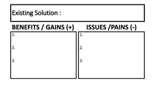Existing Solution :
BENEFITS / GAINS (+)
1.
2.
3.
ISSUES /PAINS (-)
1.
2.
3.
 