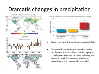 Future Droughts
• Palmer Drought Severity Index,
or PDSI.
• The most severe drought in
recent history, in the Sahel region
of western Africa in the 1970s, had
a PDSI of -3 or -4.
• By 2030 Western USA could see
-4 to -6.
• By 2100 some parts of the U.S.
and Latin America could see -8 to -
10 PDSI, while Mediterranean
areas could see drought in the -15
or -20 range.
http://www.msnbc.msn.com/id/39741525/ns/us_new
s-environment/
 