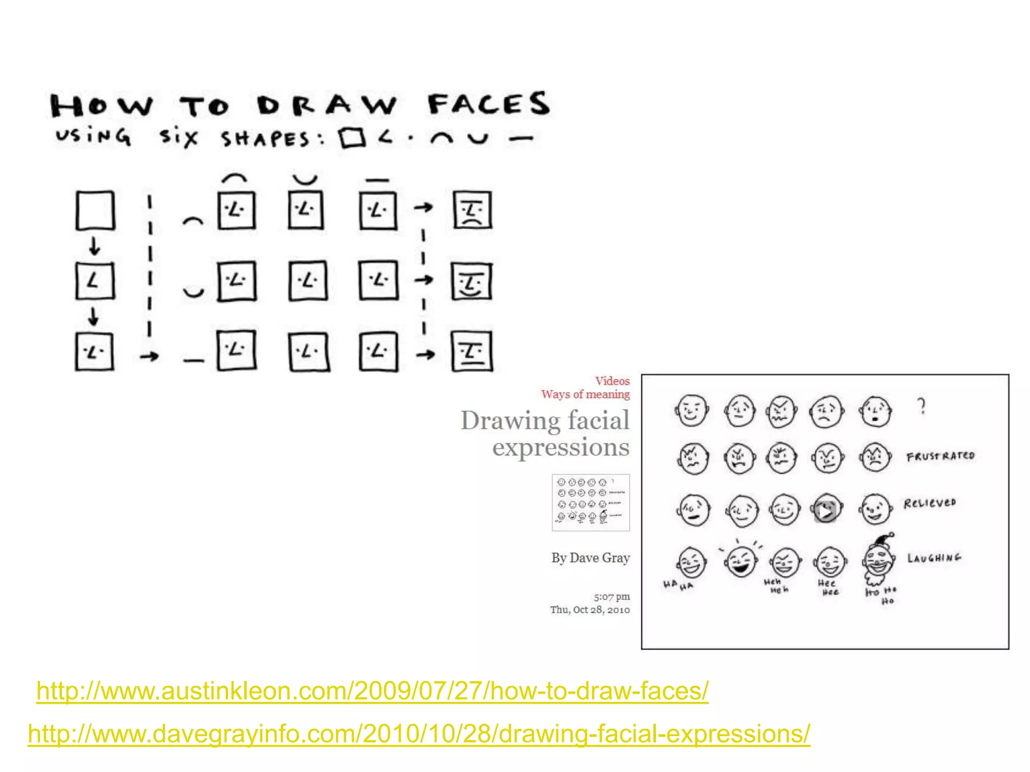 How to draw faces? Check out Austin Kleon and Dave Gray




http://www.austinkleon.com/2009/07/27/how-to-draw-faces/
http://www.davegrayinfo.com/2010/10/28/drawing-facial-expressions/
 