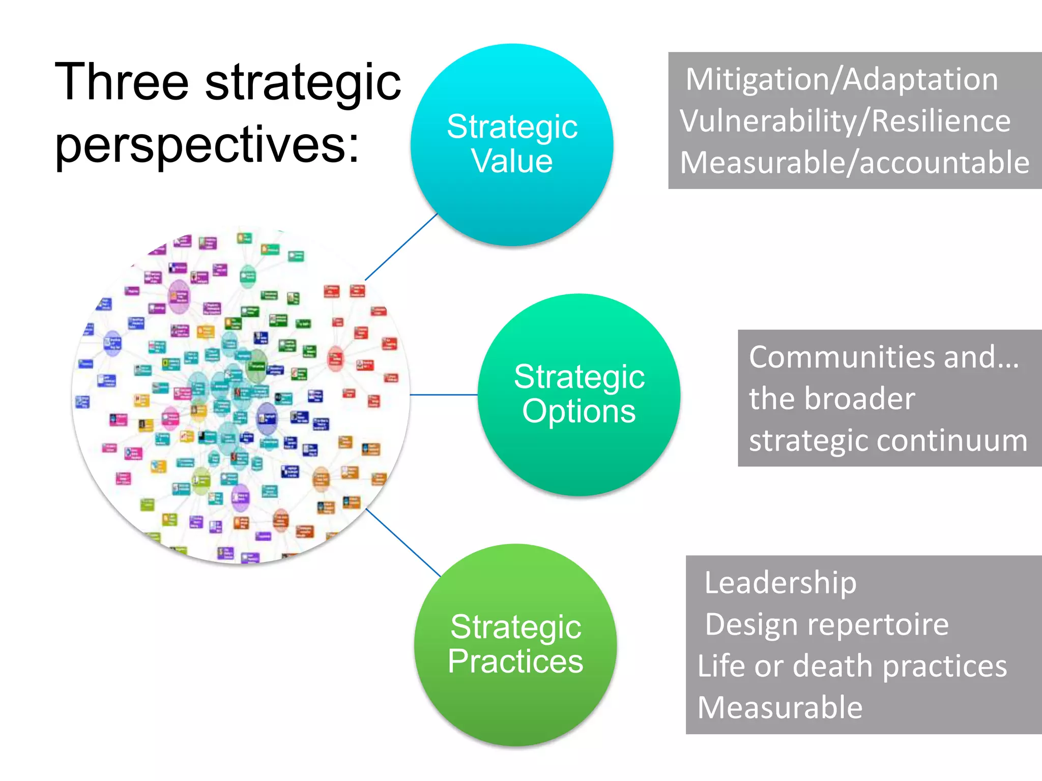 Three strategic                   Mitigation/Adaptation
                  Strategic       Vulnerability/Resilience
perspectives:      Value          Measurable/accountable




                                      Communities and…
                      Strategic
                      Options         the broader
                                      strategic continuum



                                   Leadership
                  Strategic         Design repertoire
                  Practices        Life or death practices
                                   Measurable
 
