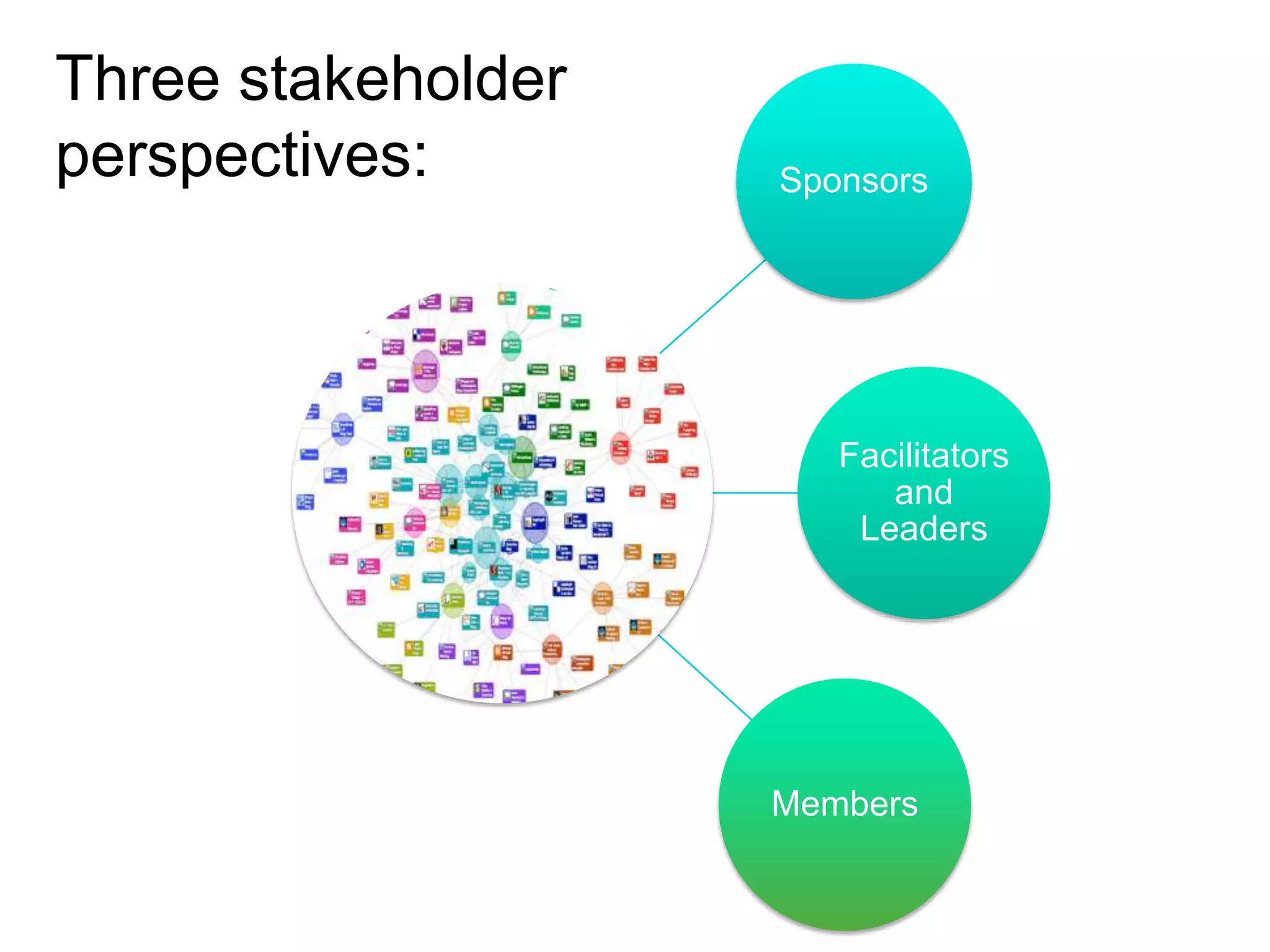 Three stakeholder
perspectives:       Sponsors




                       Facilitators
                          and
                        Leaders




                    Members
 
