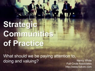 Strategic
Communities
of Practice
What should we be paying attention to,
doing and valuing?                        Nancy White
                                Full Circle Associates
                                      http://www.fullcirc.com
 