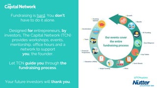 Designed for entrepreneurs, by
investors, The Capital Network (TCN)
provides workshops, events,
mentorship, office hours and a
network to support
you, the founder.
Let TCN guide you through the
fundraising process.
Your future investors will thank you.
@TCNupdate
Fundraising is hard. You don’t
have to do it alone.
 