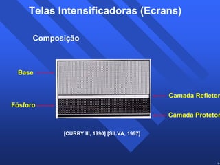 22 
Telas Intensificadoras (Ecrans) 
[CURRY III, 1990] [SILVA, 1997] 
Base 
Fósforo 
Camada Refletora 
Camada Protetora 
Composição 
 