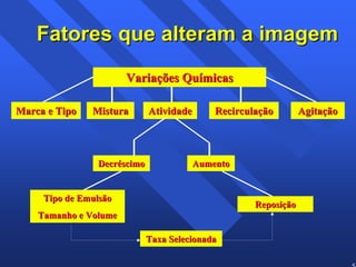 54 
Fatores que alteram a imagem 
Variações Químicas 
Mistura Atividade Recirculação 
Decréscimo 
Agitação 
Reposição 
Taxa Selecionada 
Marca e Tipo 
Aumento 
Tipo de Emulsão 
Tamanho e Volume 
 
