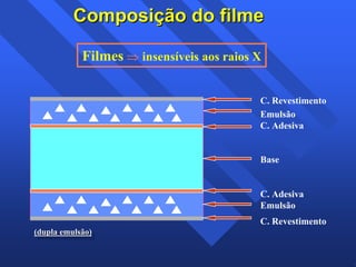 7 
Composição do filme 
Filmes ⇒ insensíveis aos raios X 
C. Revestimento 
Emulsão 
C. Adesiva 
Base 
C. Adesiva 
Emulsão 
C. Revestimento 
(d(dduupplala e emmuulslsããoo)) 
 