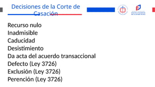 Decisiones de la Corte de
Casación
Recurso nulo
Inadmisible
Caducidad
Desistimiento
Da acta del acuerdo transaccional
Defecto (Ley 3726)
Exclusión (Ley 3726)
Perención (Ley 3726)
 