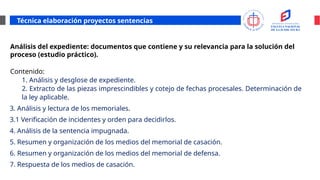 Técnica elaboración proyectos sentencias
Análisis del expediente: documentos que contiene y su relevancia para la solución del
proceso (estudio práctico).
Contenido:
1. Análisis y desglose de expediente.
2. Extracto de las piezas imprescindibles y cotejo de fechas procesales. Determinación de
la ley aplicable.
3. Análisis y lectura de los memoriales.
3.1 Verificación de incidentes y orden para decidirlos.
4. Análisis de la sentencia impugnada.
5. Resumen y organización de los medios del memorial de casación.
6. Resumen y organización de los medios del memorial de defensa.
7. Respuesta de los medios de casación.
 