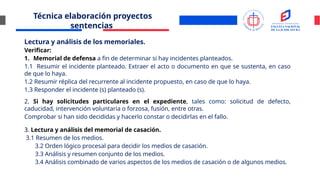 Técnica elaboración proyectos
sentencias
Lectura y análisis de los memoriales.
Verificar:
1. Memorial de defensa a fin de determinar si hay incidentes planteados.
1.1 Resumir el incidente planteado. Extraer el acto o documento en que se sustenta, en caso
de que lo haya.
1.2 Resumir réplica del recurrente al incidente propuesto, en caso de que lo haya.
1.3 Responder el incidente (s) planteado (s).
2. Si hay solicitudes particulares en el expediente, tales como: solicitud de defecto,
caducidad, intervención voluntaria o forzosa, fusión, entre otras.
Comprobar si han sido decididas y hacerlo constar o decidirlas en el fallo.
3. Lectura y análisis del memorial de casación.
3.1 Resumen de los medios.
3.2 Orden lógico procesal para decidir los medios de casación.
3.3 Análisis y resumen conjunto de los medios.
3.4 Análisis combinado de varios aspectos de los medios de casación o de algunos medios.
 