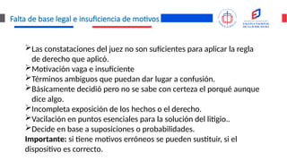 Falta de base legal e insuficiencia de motivos
Las constataciones del juez no son suficientes para aplicar la regla
de derecho que aplicó.
Motivación vaga e insuficiente
Términos ambiguos que puedan dar lugar a confusión.
Básicamente decidió pero no se sabe con certeza el porqué aunque
dice algo.
Incompleta exposición de los hechos o el derecho.
Vacilación en puntos esenciales para la solución del litigio..
Decide en base a suposiciones o probabilidades.
Importante: si tiene motivos erróneos se pueden sustituir, si el
dispositivo es correcto.
 