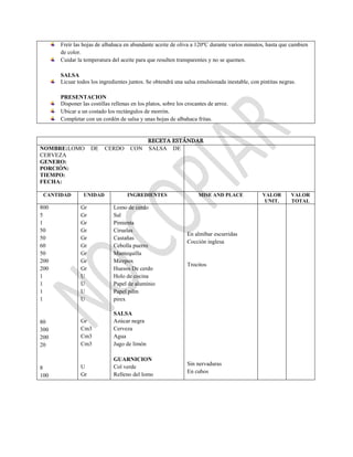 Freír las hojas de albahaca en abundante aceite de oliva a 120ºC durante varios minutos, hasta que cambien
de color.
Cuidar la temperatura del aceite para que resulten transparentes y no se quemen.
SALSA
Licuar todos los ingredientes juntos. Se obtendrá una salsa emulsionada inestable, con pintitas negras.
PRESENTACION
Disponer las costillas rellenas en los platos, sobre los crocantes de arroz.
Ubicar a un costado los rectángulos de morrón.
Completar con un cordón de salsa y unas hojas de albahaca fritas.
RECETA ESTÁNDAR
NOMBRE:LOMO DE CERDO CON SALSA DE
CERVEZA
GENERO:
PORCIÓN:
TIEMPO:
FECHA:
CANTIDAD UNIDAD INGREDIENTES MISE AND PLACE VALOR
UNIT.
VALOR
TOTAL
800
5
1
50
50
60
50
200
200
1
1
1
1
80
300
200
20
8
100
Gr
Gr
Gr
Gr
Gr
Gr
Gr
Gr
Gr
U
U
U
U
Gr
Cm3
Cm3
Cm3
U
Gr
Lomo de cerdo
Sal
Pimienta
Ciruelas
Castañas
Cebolla puerro
Mantequilla
Mirepox
Huesos De cerdo
Holo de cocina
Papel de aluminio
Papel pilm
pirex
SALSA
Azúcar negra
Cerveza
Agua
Jugo de limón
GUARNICION
Col verde
Relleno del lomo
En almíbar escurridas
Cocción inglesa
Trocitos
Sin nervaduras
En cubos
 