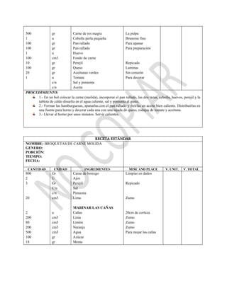 500
1
100
100
1
100
10
100
20
1
gr
u
gr
gr
u
cm3
gr
gr
gr
u
c/n
c/n
Carne de res magra
Cebolla perla pequeña
Pan rallado
Pan rallado
Huevo
Fondo de carne
Perejil
Queso
Aceitunas verdes
Tomate
Sal y pimienta
Aceite
La pulpa
Brunoise fino
Para apanar
Para preparación
Repicado
Laminas
Sin corazón
Para decorar
PROCEDIMIENTO:
1.- En un bol colocar la carne (molida), incorporar el pan rallado, las dos tazas, cebolla, huevos, perejil y la
tableta de caldo disuelta en el agua caliente, sal y pimienta al gusto.
2.- Formar las hamburguesas, apanarlas con el pan rallado y freírlas en aceite bien caliente. Distribuirlas en
una fuente para horno y decorar cada una con una tajada de queso, rodajas de tomate y aceituna.
3.- Llevar al horno por unos minutos. Servir calientes.
RECETA ESTÁNDAR
NOMBRE: BROQUETAS DE CARNE MOLIDA
GENERO:
PORCIÓN:
TIEMPO:
FECHA:
CANTIDAD UNIDAD INGREDIENTES MISE AND PLACE V. UNIT. V. TOTAL
800
2
3
20
2
200
80
200
500
100
18
Gr
U
Gr
C/n
c/n
cm3
u
cm3
cm3
cm3
cm3
gr
gr
Carne de borrego
Ajos
Perejil
Sal
Pimienta
Lima
MARINAR LAS CAÑAS
Cañas
Lima
Limón
Naranja
Agua
Azúcar
Menta
Limpias en dados
Repicado
Zumo
20cm de corteza
Zumo
Zumo
Zumo
Para mojar las cañas
 