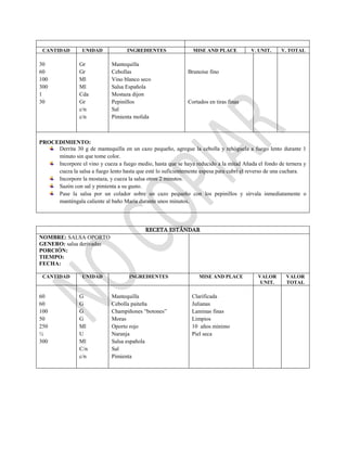 CANTIDAD UNIDAD INGREDIENTES MISE AND PLACE V. UNIT. V. TOTAL
30
60
100
300
1
30
Gr
Gr
Ml
Ml
Cda
Gr
c/n
c/n
Mantequilla
Cebollas
Vino blanco seco
Salsa Española
Mostaza dijon
Pepinillos
Sal
Pimienta molida
Brunoise fino
Cortados en tiras finas
PROCEDIMIENTO:
Derrita 30 g de mantequilla en un cazo pequeño, agregue la cebolla y rehóguela a fuego lento durante 1
minuto sin que tome color.
Incorpore el vino y cueza a fuego medio, hasta que se haya reducido a la mitad Añada el fondo de ternera y
cueza la salsa a fuego lento hasta que esté lo suficientemente espesa para cubrí el reverso de una cuchara.
Incorpore la mostaza, y cueza la salsa otros 2 minutos.
Sazón con sal y pimienta a su gusto.
Pase la salsa por un colador sobre un cazo pequeño con los pepinillos y sírvala inmediatamente o
manténgala caliente al baño María durante unos minutos.
RECETA ESTÁNDAR
NOMBRE: SALSA OPORTO
GENERO: salsa derivadas
PORCIÓN:
TIEMPO:
FECHA:
CANTIDAD UNIDAD INGREDIENTES MISE AND PLACE VALOR
UNIT.
VALOR
TOTAL
60
60
100
50
250
½
300
G
G
G
G
Ml
U
Ml
C/n
c/n
Mantequilla
Cebolla paiteña
Champiñones “botones”
Moras
Oporto rojo
Naranja
Salsa española
Sal
Pimienta
Clarificada
Julianas
Laminas finas
Limpios
10 años minimo
Piel seca
 