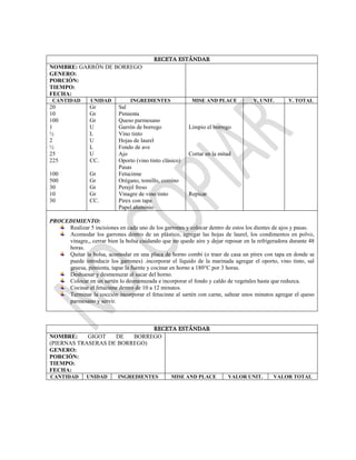 RECETA ESTÁNDAR
NOMBRE: GARRÓN DE BORREGO
GENERO:
PORCIÓN:
TIEMPO:
FECHA:
CANTIDAD UNIDAD INGREDIENTES MISE AND PLACE V. UNIT. V. TOTAL
20
10
100
1
½
2
½
25
225
100
500
30
10
30
Gr
Gr
Gr
U
L
U
L
U
CC.
Gr
Gr
Gr
Gr
CC.
Sal
Pimienta
Queso parmesano
Garrón de borrego
Vino tinto
Hojas de laurel
Fondo de ave
Ajo
Oporto (vino tinto clásico)
Pasas
Fetucinne
Orégano, tomillo, comino
Perejil freso
Vinagre de vino tinto
Pirex con tapa
Papel aluminio
Limpio el borrego
Cortar en la mitad
Repicar
PROCEDIMIENTO:
Realizar 5 incisiones en cada uno de los garrones y colocar dentro de estos los dientes de ajos y pasas.
Acomodar los garrones dentro de un plástico, agregar las hojas de laurel, los condimentos en polvo,
vinagre,, cerrar bien la bolsa cuidando que no quede aire y dejar reposar en la refrigeradora durante 48
horas.
Quitar la bolsa, acomodar en una placa de horno combi (o traer de casa un pírex con tapa en donde se
puede introducir los garrones) .incorporar el líquido de la marinada agregar el oporto, vino tinto, sal
gruesa, pimienta, tapar la fuente y cocinar en horno a 180°C por 3 horas.
Deshuesar y desmenuzar al sacar del horno.
Colocar en un sartén lo desmenuzada e incorporar el fondo y caldo de vegetales hasta que reduzca.
Cocinar el fetucinne dentro de 10 a 12 minutos.
Terminar la cocción incorporar el fetucinne al sartén con carne, saltear unos minutos agregar el queso
parmesano y servir.
RECETA ESTÁNDAR
NOMBRE: GIGOT DE BORREGO
(PIERNAS TRASERAS DE BORREGO)
GENERO:
PORCIÓN:
TIEMPO:
FECHA:
CANTIDAD UNIDAD INGREDIENTES MISE AND PLACE VALOR UNIT. VALOR TOTAL
 