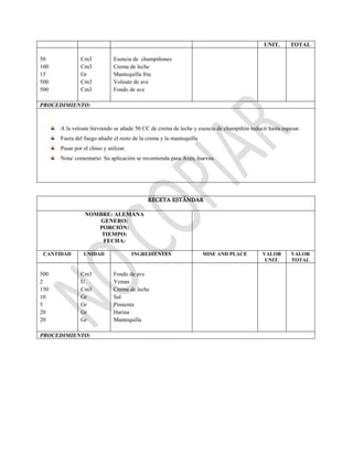 UNIT. TOTAL
50
100
15
500
500
Cm3
Cm3
Gr
Cm3
Cm3
Esencia de champiñones
Crema de leche
Mantequilla fría
Voloute de ave
Fondo de ave
PROCEDIMIENTO:
A la veloute hirviendo se añade 50 CC de crema de leche y esencia de champiñón reducir hasta espesar.
Fuera del fuego añadir el resto de la crema y la mantequilla
Pasar por el chino y utilizar.
Nota/ comentario: Su aplicación se recomienda para Aves, huevos.
RECETA ESTÁNDAR
NOMBRE: ALEMANA
GENERO:
PORCIÓN:
TIEMPO:
FECHA:
CANTIDAD UNIDAD INGREDIENTES MISE AND PLACE VALOR
UNIT.
VALOR
TOTAL
500
2
150
10
5
20
20
Cm3
U
Cm3
Gr
Gr
Gr
Gr
Fondo de ave
Yemas
Crema de leche
Sal
Pimienta
Harina
Mantequilla
PROCEDIMIENTO:
 