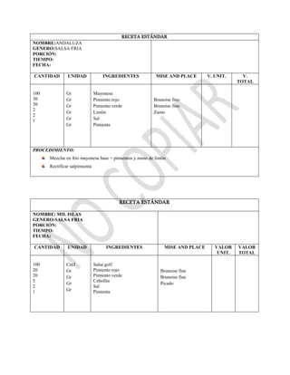 RECETA ESTÁNDAR
NOMBRE:ANDALUZA
GENERO:SALSA FRIA
PORCIÓN:
TIEMPO:
FECHA:
CANTIDAD UNIDAD INGREDIENTES MISE AND PLACE V. UNIT. V.
TOTAL
100
30
30
2
2
1
Gr
Gr
Gr
Gr
Gr
Gr
Mayonesa
Pimiento rojo
Pimiento verde
Limón
Sal
Pimienta
Brunoise fino
Brunoise fino
Zumo
PROCEDIMIENTO:
Mezclar en frío mayonesa base + pimientos y zumo de limón
Rectificar salpimienta
RECETA ESTÁNDAR
NOMBRE: MIL ISLAS
GENERO:SALSA FRIA
PORCIÓN:
TIEMPO:
FECHA:
CANTIDAD UNIDAD INGREDIENTES MISE AND PLACE VALOR
UNIT.
VALOR
TOTAL
100
20
20
5
2
1
Cm3
Gr
Gr
Gr
Gr
Salsa golf
Pimiento rojo
Pimiento verde
Cebollín
Sal
Pimienta
Brunoise fine
Brunoise fine
Picado
 