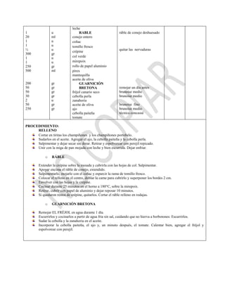 1
20
1
1
½
300
1
1
250
500
200
50
50
30
2
50
250
u
ml
u
u
u
gr
u
u
gr
ml
gr
gr
gr
gr
u
gr
gr
leche
RABLE
conejo entero
coñac
tomillo fresco
crépine
col verde
mirepoix
rollo de papel aluminio
pírex
mantequilla
aceite de oliva
GUARNICIÓN
BRETONA
fréjol canario seco
cebolla perla
zanahoria
aceite de oliva
ajo
cebolla paiteña
tomate
ráble de conejo deshuesado
quitar las nervaduras
remojar un día antes
brunoise medio
brunoise medio
brunoise fino
brunoise medio
técnica concassé
PROCEDIMIENTO:
RELLENO
Cortar en tiritas los champiñones y los champiñones portobelo.
Sudarlos en el aceite. Agregar el ajo, la cebolla paiteña y la cebolla perla.
Salpimentar y dejar secar sin dorar. Retirar y espolvorear con perejil repicado.
Unir con la miga de pan mojada con leche y bien escurrida. Dejar enfriar.
o RÁBLE
Extender la crépine sobre la mesada y cubrirla con las hojas de col. Salpimentar.
Apoyar encima el ráble de conejo, extendido.
Salpimentarlo, mojarlo con el coñac y esparcir la rama de tomillo fresco.
Colocar el relleno en el centro, doblar la carne para cubrirlo y superponer los bordes 2 cm.
Envolver con las hojas y la crépine.
Cocinar durante 25 minutos en el horno a 180°C, sobre la mirepoix.
Retirar, cubrir con papel de aluminio y dejar reposar 10 minutos.
Si quedaron restos de crépine, quitarlos. Cortar el ráble relleno en rodajas.
o GUARNICIÓN BRETONA
Remojar EL FRÉJOL en agua durante 1 día.
Escurrirlos y cocinarlos a partir de agua fría sin sal, cuidando que no hierva a borbotones: Escurrirlos.
Sudar la cebolla y la zanahoria en el aceite.
Incorporar la cebolla paiteña, el ajo y, un minuto después, el tomate. Calentar bien, agregar el fréjol y
espolvorear con perejil.
 