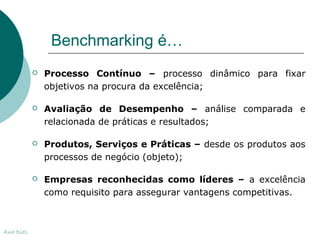 Benchmarking é… 
 Processo Contínuo – processo dinâmico para fixar 
objetivos na procura da excelência; 
 Avaliação de Desempenho – análise comparada e 
relacionada de práticas e resultados; 
 Produtos, Serviços e Práticas – desde os produtos aos 
processos de negócio (objeto); 
 Empresas reconhecidas como líderes – a excelência 
como requisito para assegurar vantagens competitivas. 
Ana Dias 
 
