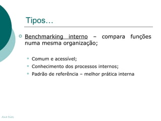 Tipos… 
 Benchmarking interno – compara funções 
numa mesma organização; 
 Comum e acessível; 
 Conhecimento dos processos internos; 
 Padrão de referência – melhor prática interna 
Ana Dias 
 