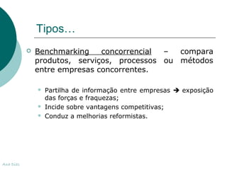 Tipos… 
 Benchmarking concorrencial – compara 
produtos, serviços, processos ou métodos 
entre empresas concorrentes. 
 Partilha de informação entre empresas  exposição 
das forças e fraquezas; 
 Incide sobre vantagens competitivas; 
 Conduz a melhorias reformistas. 
Ana Dias 
 