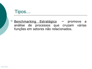 Tipos… 
 Benchmarking Estratégico – promove a 
análise de processos que cruzam várias 
funções em setores não relacionados. 
Ana Dias 
