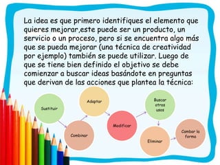La idea es formular preguntas utilizando cada una de las  acciones (una a la vez), luego aplicar estas al objetivo y tomar notas de las ideas que surgen para poder desarrollarlas luego, a modo de ejemplo, se puede preguntar que se puede sustituir, que se puede combinar internamente, que se puede combinar con un factor exterior, etc. Aquí se encuentra una lista larga de preguntas posibles, pero solo se deben tomar como unos ejemplos ya que se tú pueden elaborar algunas mejores y que correspondan con el objetivo planteado: