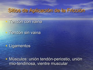 Sitios ddee AApplliiccaacciióónn ddee llaa FFrriicccciióónn 
• TTeennddóónn ccoonn vvaaiinnaa 
• TTeennddóónn ssiinn vvaaiinnaa 
• LLiiggaammeennttooss 
• MMúússccuullooss:: uunniióónn tteennddóónn--ppeerriioossttiioo,, uunniióónn 
mmiioo--tteennddiinnoossaa,, vviieennttrree mmuussccuullaarr 
 