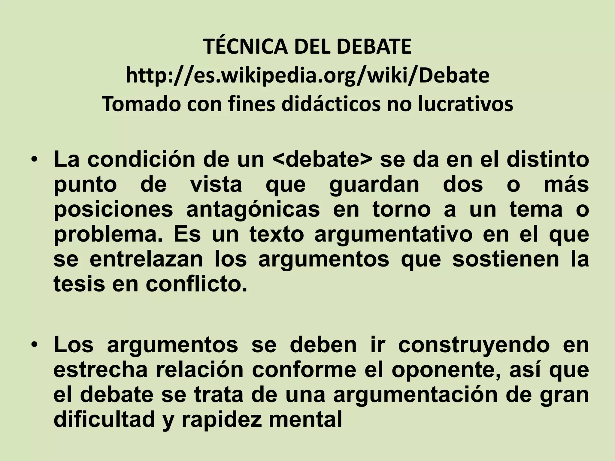 Debates Texto TÈCNICAS Y REGLAS DEL DEBATE | PPTX