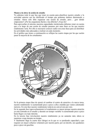 Manos a la obra: la sesión de estudio
Ya sabemos todo lo que hay que tener en cuenta para planificar nuestro estudio y la
actividad anterior nos ha clarificado el tiempo que podemos dedicar diariamente a
estudiar. Ahora sólo falta organizar una sesión de estudio, pero… ¿por dónde
empezamos? ¿Por las asignaturas fáciles o las difíciles? ¡Vaya lío!
Para aprovechar al máximo nuestras capacidades intelectuales debemos tener en cuenta
que a lo largo de una sesión de estudio pasamos por unas fases en las que nuestro
rendimiento varía. Por ello es necesario conocer cuáles son estas fases para así distribuir
las actividades más adecuadas a realizar en cada momento.
En el gráfico que tienes a continuación se reflejan las cuatro etapas por las que suelen
pasar la mayoría de los estudiantes:
En la primera etapa (fase de ajuste) al cambiar el centro de atención a la nueva tarea,
nuestro rendimiento va aumentando poco a poco a ella a medida que vamos calentando
motores. En esta fase nuestro rendimiento todavía no está al cien por cien.
En la segunda fase (aprovechamiento) el rendimiento es mayor porque nuestra atención
ya está centrada en el estudio y durante un tiempo variable va aumentando poco a poco
hasta llegar a su tope máximo.
En la tercera fase (nivelación) nuestro rendimiento ya no aumenta más; ahora se
mantiene a tope durante un tiempo.
Y finalmente llega la cuarta fase (fatiga) en la que se va perdiendo capacidad y que
requiere un mayor esfuerzo voluntario por nuestra parte; por así decirlo, nos quedamos
poco a poco sin gasolina.
 