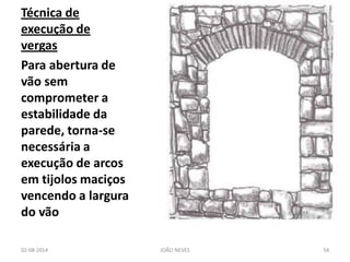 Técnica de execução de vergas 
Para abertura de vão sem comprometer a estabilidade da parede, torna-se necessária a execução de arcos em tijolos maciços vencendo a largura do vão 
02-08-2014 
JOÃO NEVES 
54  