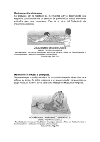 Movimientos Condicionados.
Se producen con la repetición de movimientos activos desarrollando una
respuesta condicionada ante un estímulo. Se puede utilizar música entre otros
estímulos para cada movimiento. Éste es el inicio del Tratamiento de
movimientos Atáxicos.




                           MOVIMIENTOS CONDICIONADOS.
                                 JIMENEZ TREVIÑO, Carlos Manuel
“Neurofacilitación: Técnicas de Rehabilitación Neurológica aplicadas a Niños con Parálisis Cerebral o
Síndrome de Down y adultos con hemiplejía o daño neurológico.”
                                      Editorial Trillas. Pág.: 115




Movimientos Confusos o Sinérgicos.
Se producen por la acción voluntaria de un movimiento que incide en otro, para
reforzar su acción. Se aplica resistencia a un grupo muscular, para contraer un
grupo muscular inactivo, a esto se le llama Trabajo con Músculos Sinergistas.




                    MOVIMIENTOS CONFUSOS O SINÉRGICOS.
                                 JIMENEZ TREVIÑO, Carlos Manuel
“Neurofacilitación: Técnicas de Rehabilitación Neurológica aplicadas a Niños con Parálisis Cerebral o
Síndrome de Down y adultos con hemiplejía o daño neurológico.”
                                      Editorial Trillas. Pág.: 116
 