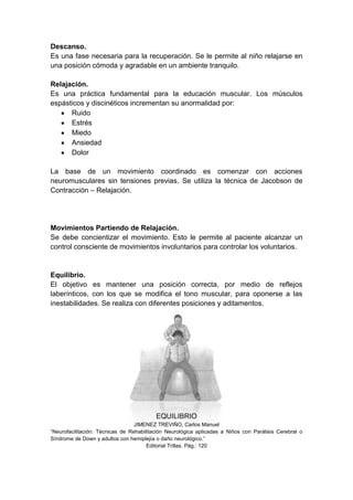 Descanso.
Es una fase necesaria para la recuperación. Se le permite al niño relajarse en
una posición cómoda y agradable en un ambiente tranquilo.

Relajación.
Es una práctica fundamental para la educación muscular. Los músculos
espásticos y discinéticos incrementan su anormalidad por:
      Ruido
      Estrés
      Miedo
      Ansiedad
      Dolor

La base de un movimiento coordinado es comenzar con acciones
neuromusculares sin tensiones previas. Se utiliza la técnica de Jacobson de
Contracción – Relajación.




Movimientos Partiendo de Relajación.
Se debe concientizar el movimiento. Esto le permite al paciente alcanzar un
control consciente de movimientos involuntarios para controlar los voluntarios.


Equilibrio.
El objetivo es mantener una posición correcta, por medio de reflejos
laberínticos, con los que se modifica el tono muscular, para oponerse a las
inestabilidades. Se realiza con diferentes posiciones y aditamentos.




                                          EQUILIBRIO
                                  JIMENEZ TREVIÑO, Carlos Manuel
“Neurofacilitación: Técnicas de Rehabilitación Neurológica aplicadas a Niños con Parálisis Cerebral o
Síndrome de Down y adultos con hemiplejía o daño neurológico.”
                                       Editorial Trillas. Pág.: 120
 
