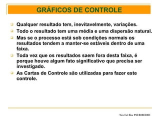 Qualquer resultado tem, inevitavelmente, variações. Todo o resultado tem uma média e uma dispersão natural. Mas se o processo está sob condições normais os resultados tendem a manter-se estáveis dentro de uma faixa. Toda vez que os resultados saem fora desta faixa, é porque houve algum fato significativo que precisa ser investigado. As Cartas de Controle são utilizadas para fazer este controle. GRÁFICOS DE CONTROLE 