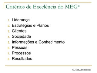 Critérios de Excelência do MEG ® Liderança Estratégias e Planos Clientes Sociedade Informações e Conhecimento Pessoas Processos Resultados 