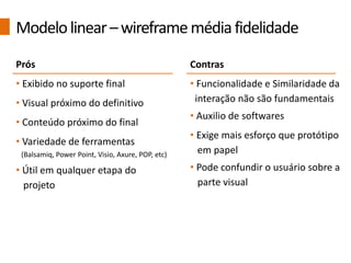 Prós
• Exibido no suporte final
• Visual próximo do definitivo
• Conteúdo próximo do final
• Variedade de ferramentas
(Balsamiq, Power Point, Visio, Axure, POP, etc)
• Útil em qualquer etapa do
projeto
Contras
• Funcionalidade e Similaridade da
interação não são fundamentais
• Auxilio de softwares
• Exige mais esforço que protótipo
em papel
• Pode confundir o usuário sobre a
parte visual
Modelolinear–wireframemédiafidelidade
 