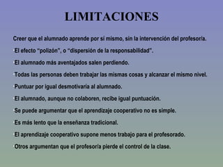 LIMITACIONES <ul><li>Creer que el alumnado  aprende por sí mismo, sin la intervención del profesor/a.  </li></ul><ul><li>E...