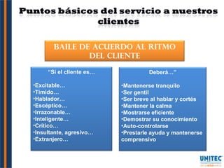 Baile de acuerdo al ritmo del cliente “ Si el cliente es… Excitable… Tímido… Hablador… Escéptico… Irrazonable… Inteligente… Crítico… Insultante, agresivo… Extranjero… Deberá…” Mantenerse tranquilo Ser gentil Ser breve al hablar y cortés Mantener la calma Mostrarse eficiente Demostrar su conocimiento Auto-controlarse Prestarle ayuda y mantenerse comprensivo 