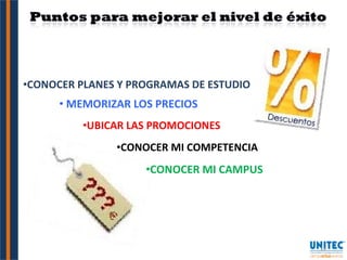 MEMORIZAR LOS PRECIOS CONOCER MI COMPETENCIA CONOCER MI CAMPUS CONOCER PLANES Y PROGRAMAS DE ESTUDIO UBICAR LAS PROMOCIONES 