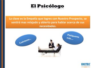 Platíqueme más…. Cuénteme… La clave es la Empatía que logres con Nuestro Prospecto, se sentirá mas relajado y abierto para hablar acerca de sus necesidades. 