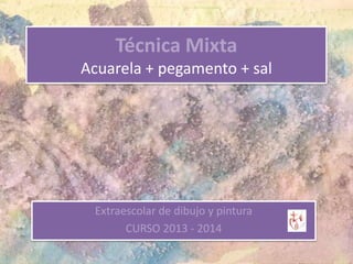 Técnica Mixta
Acuarela + pegamento + sal

Extraescolar de dibujo y pintura
CURSO 2013 - 2014

 