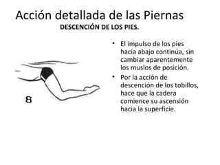 Acción detallada de las Piernas  DESCENCIÓN DE LOS PIES. El impulso de los pies hacia abajo continúa, sin cambiar aparentemente los muslos de posición. Por la acción de descención de los tobillos, hace que la cadera comience su ascensión hacia la superficie. 