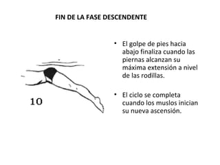FIN DE LA FASE DESCENDENTE El golpe de pies hacia abajo finaliza cuando las piernas alcanzan su máxima extensión a nivel de las rodillas. El ciclo se completa cuando los muslos inician su nueva ascensión. 
