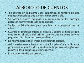 ALBOROTO DE CUENTOS Se escribe en la pizarra , en  columnas, el nombre de dos cuentos conocidos que vamos a leer en el aula. Se forman cuatro equipos y a cada uno se les entrega párrafos entreverados de cada cuento. Se les da 10 minutos para que lean y  compartan entre ellos.  Cuando el profesor suene el silbato , pedirá al niño(a) que crea tener el inicio del primer cuento que se acerque y lo pegue en la columna correspondiente. Lo mismo hará con el inicio del segundo cuento. Así sucesivamente hará con todos los párrafos y al final se procederá a leer los dos cuentos de la pizarra otorgándole puntos a los equipos que coincidieron. El ganador tendrá un premio.  