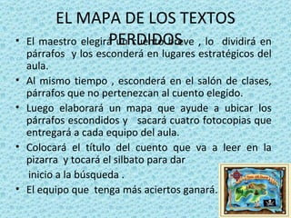 EL MAPA DE LOS TEXTOS PERDIDOS El maestro elegirá un cuento breve , lo  dividirá en párrafos  y los esconderá en lugares estratégicos del aula. Al mismo tiempo , esconderá en el salón de clases, párrafos que no pertenezcan al cuento elegido. Luego elaborará un mapa que ayude a ubicar los párrafos escondidos y  sacará cuatro fotocopias que entregará a cada equipo del aula. Colocará el título del cuento que va a leer en la pizarra  y tocará el silbato para dar  inicio a la búsqueda . El equipo que  tenga más aciertos ganará. 