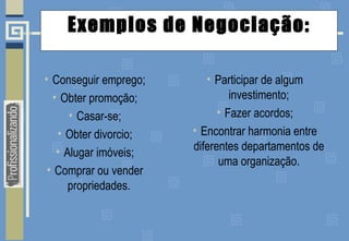 Exemplos de Negociação:
• Conseguir emprego;
• Obter promoção;
• Casar-se;
• Obter divorcio;
• Alugar imóveis;
• Comprar ou vender
propriedades.
• Participar de algum
investimento;
• Fazer acordos;
• Encontrar harmonia entre
diferentes departamentos de
uma organização.
 